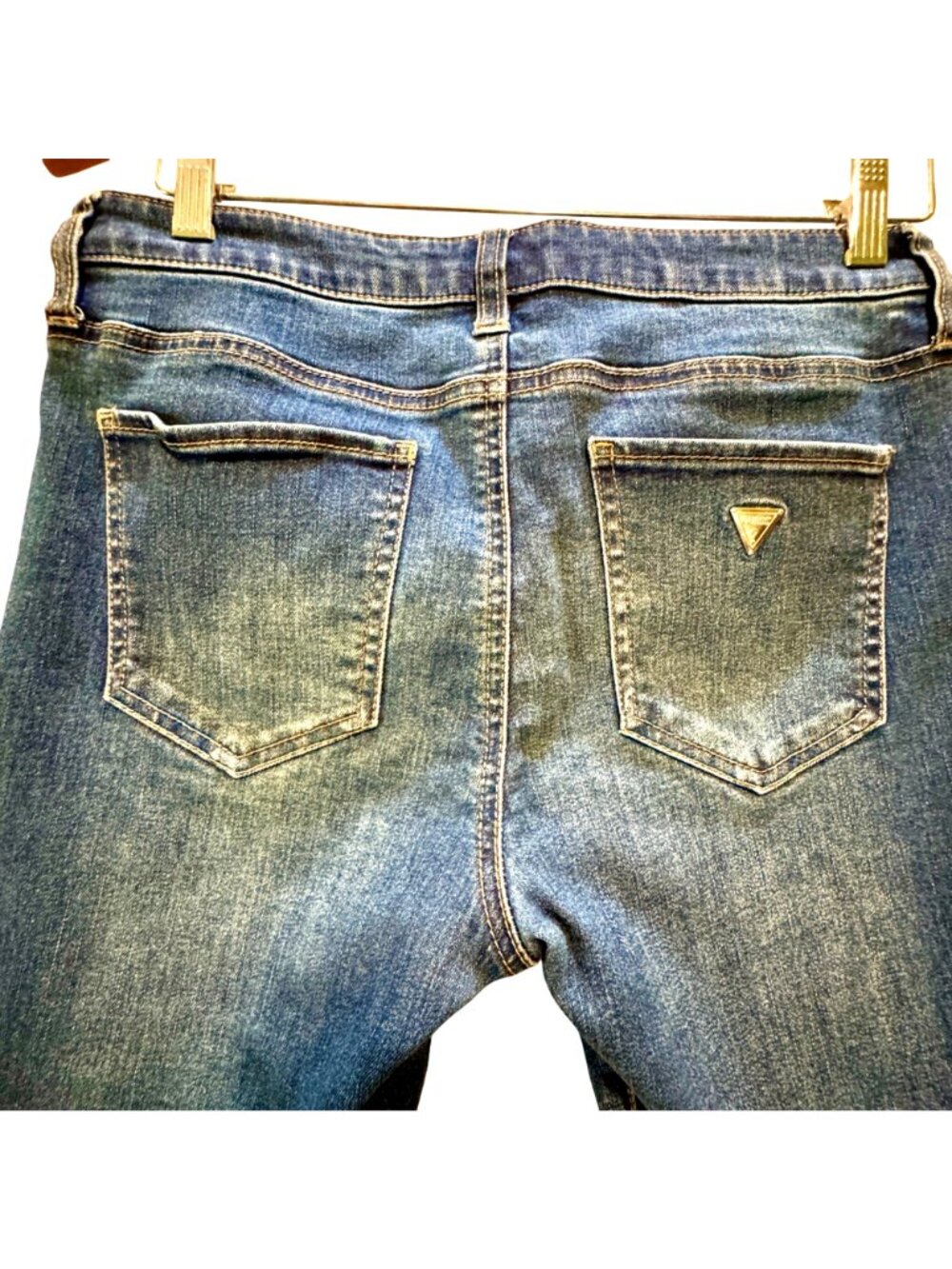 Guess Mid-Rise Skinny Jeans Size 28 Floral Stretch Denim Dark Blue Distressed He - Picture 7 of 9